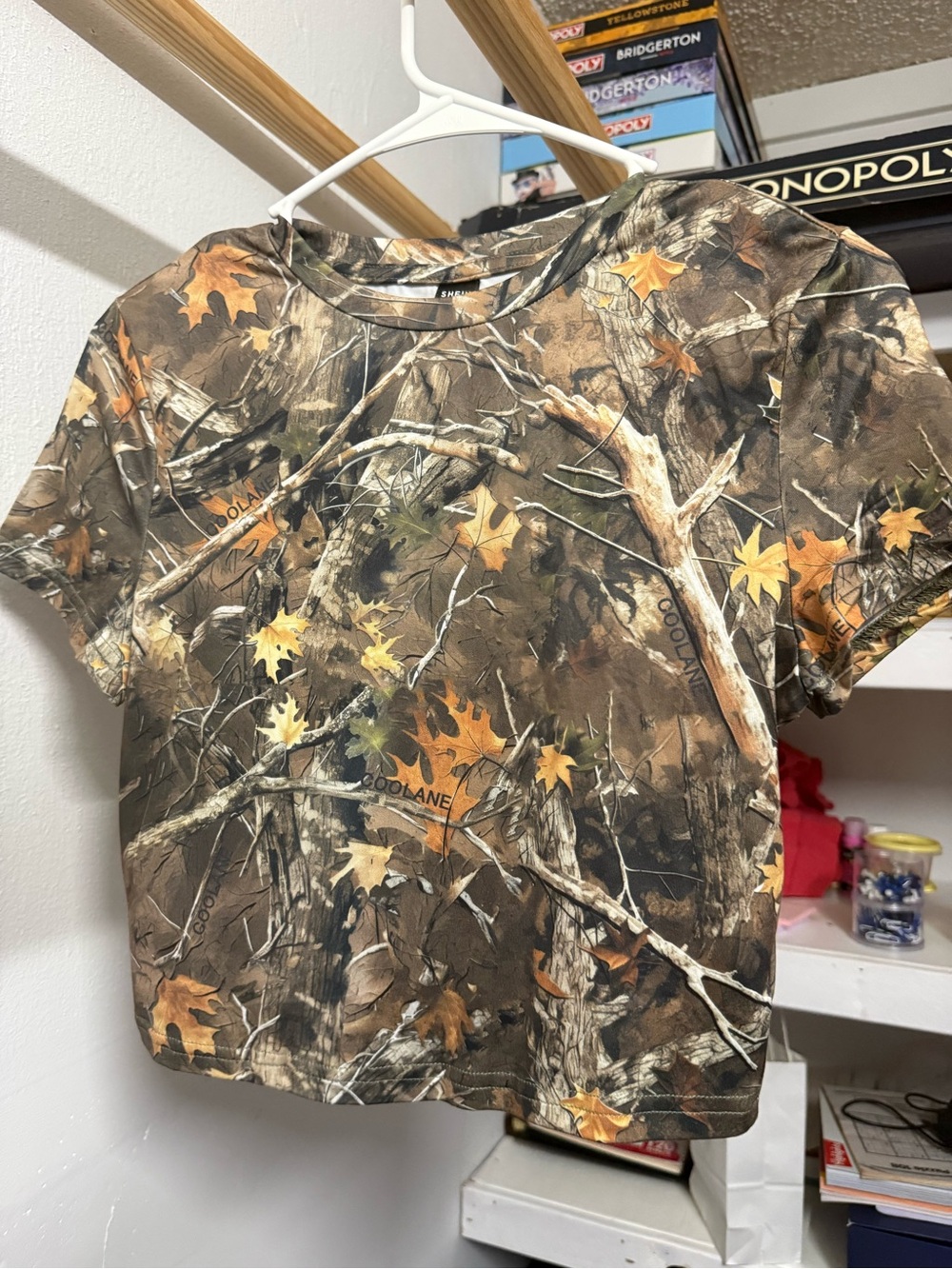 SHEIN Brown, Green & Orange Camouflage Leaf Short Sleeve Tee